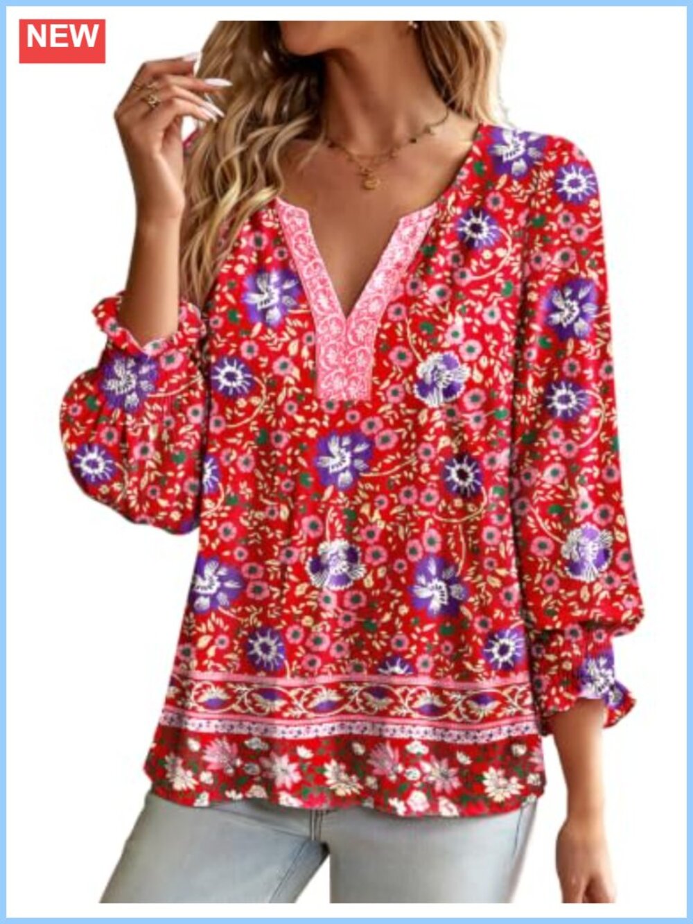 Boho Womens Cotton Rayon Tunic Top Puff Sleeve Ruffle Blouse